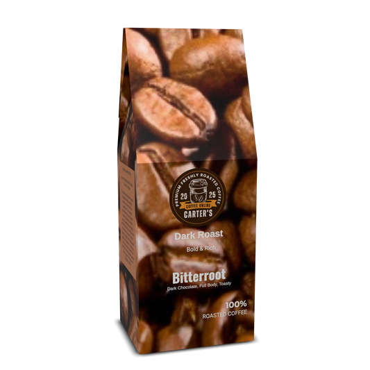 Coffee bag with coffee beans and 'Bitterroot' branding on a white background