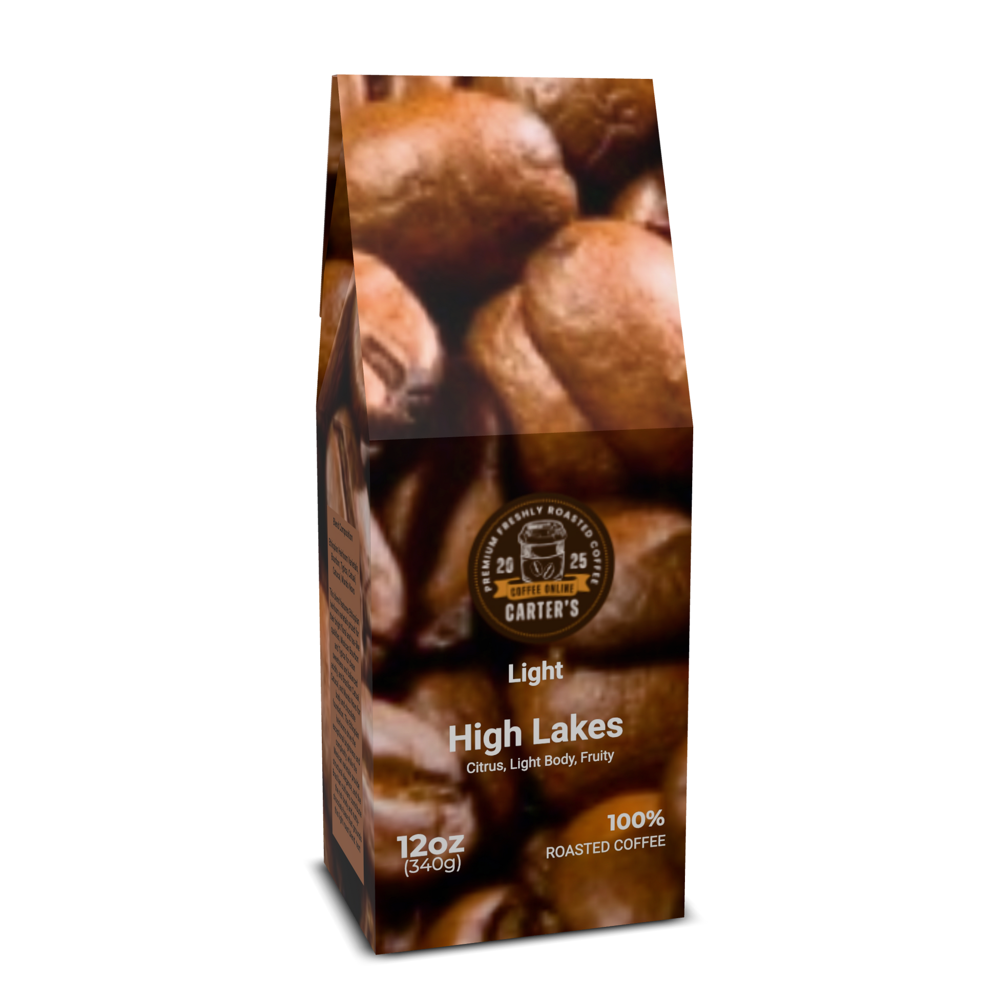 Coffee bag with 'Carter's' branding and coffee beans on a white background