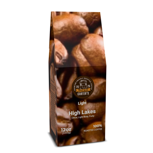 Coffee bag with 'Carter's' branding and coffee beans on a white background
