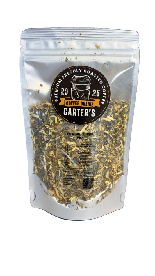 Carter's coffee package with dried herbs on a white background