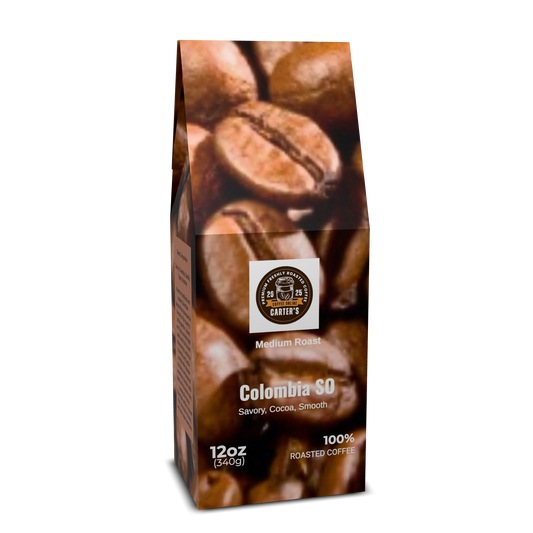 Coffee bag with coffee beans design and Carter's Coffee logo on a white background